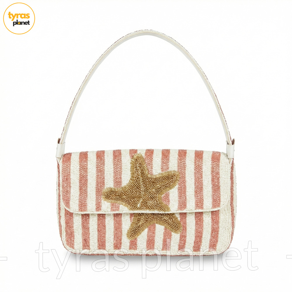 Handcrafted in India Beaded Gold Starfish Shoulder Bag Women White Pink Striped